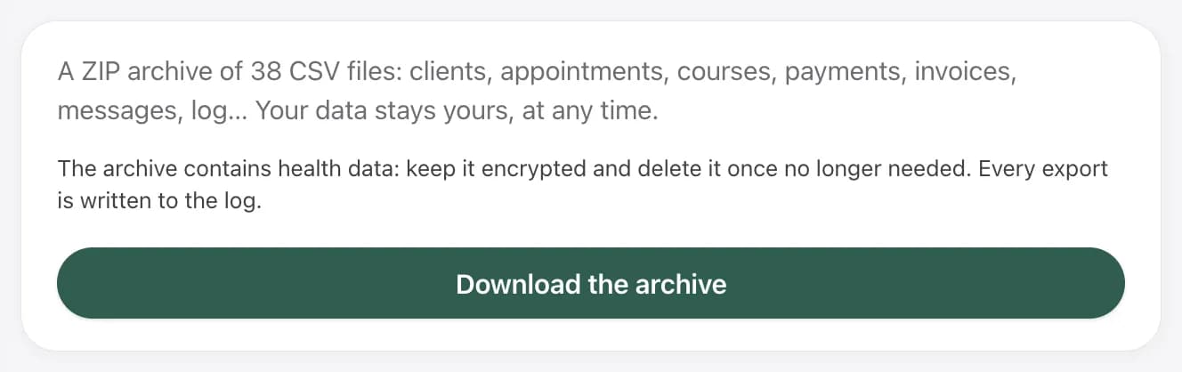 Polaris export: a ZIP archive of 38 CSV files, one click, from the settings.