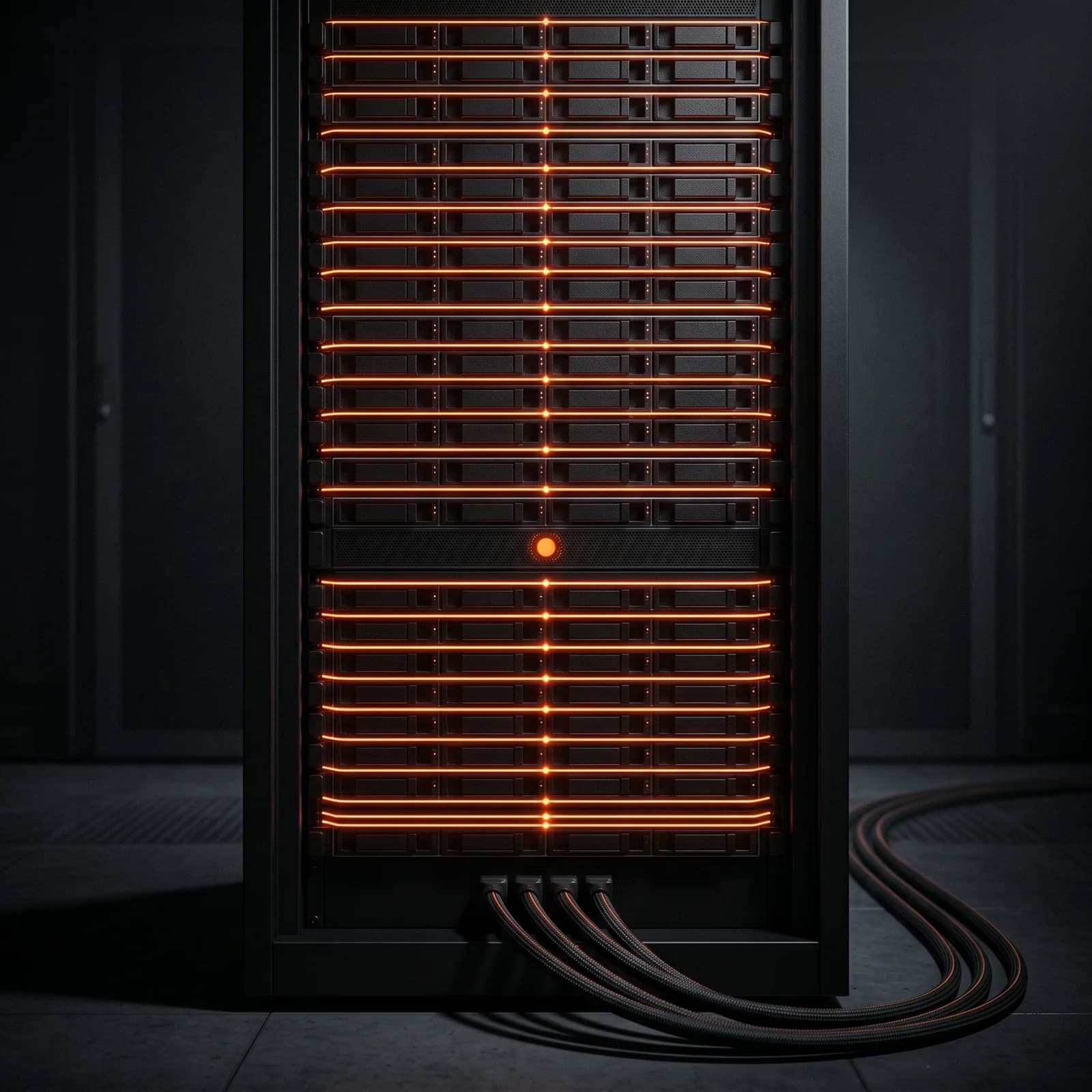 Matte black server rack with horizontal burnt-orange light strips between units — infrastructure alive.
