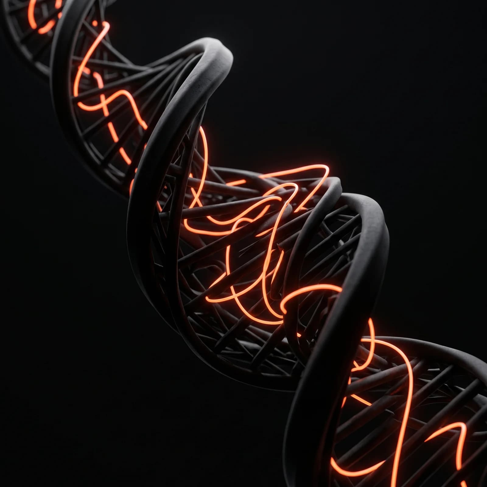Black DNA-like helix structure with burnt-orange neon threads weaving through a matte mesh, signalling code structure being assembled in motion.
