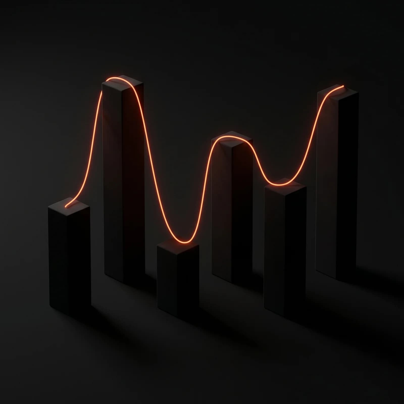 Six matte black pillars connected at their tops by a continuous burnt-orange thread — power lines between transformers.