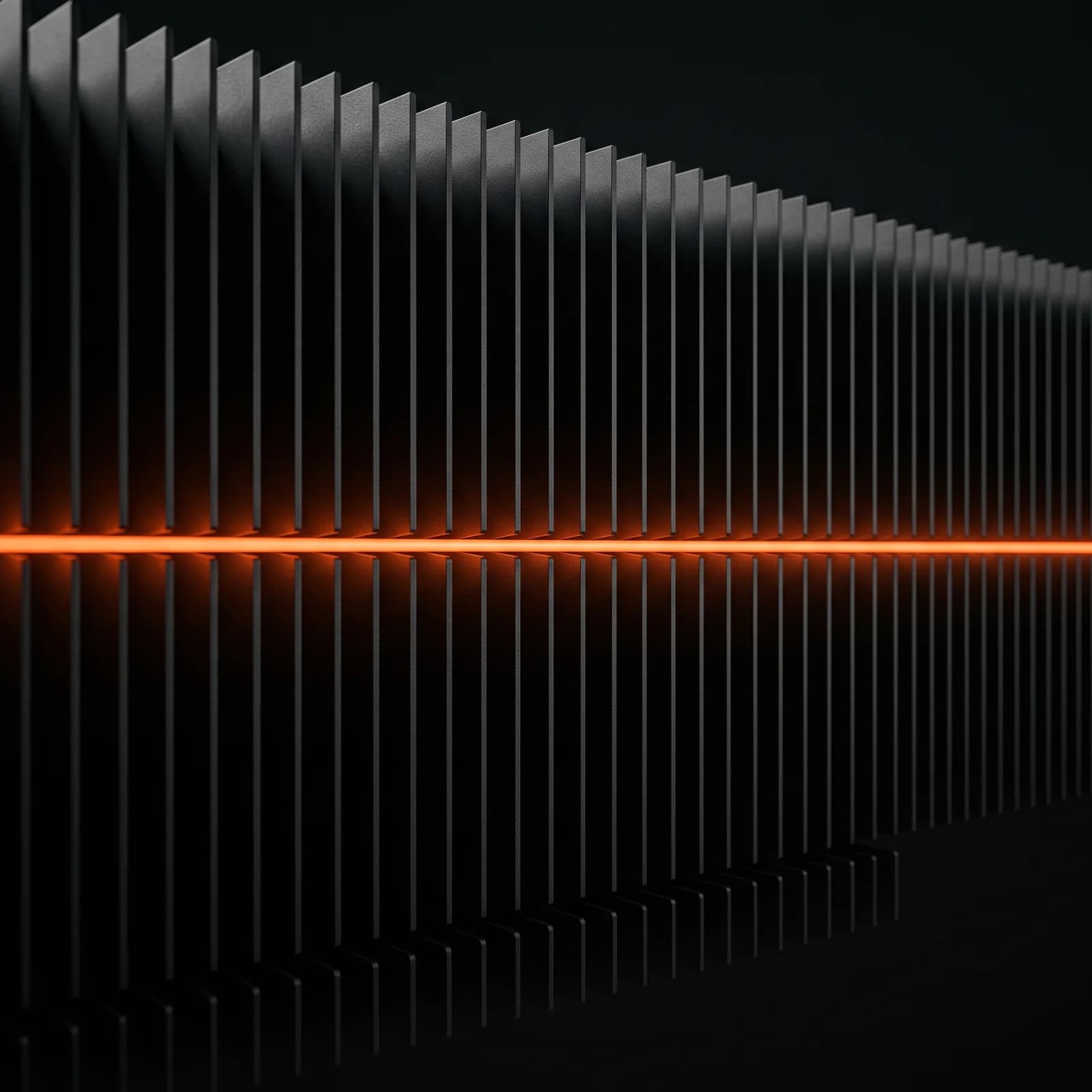 Matte black radiator fins receding in perspective, cut by a continuous burnt-orange line — the signal that never breaks.